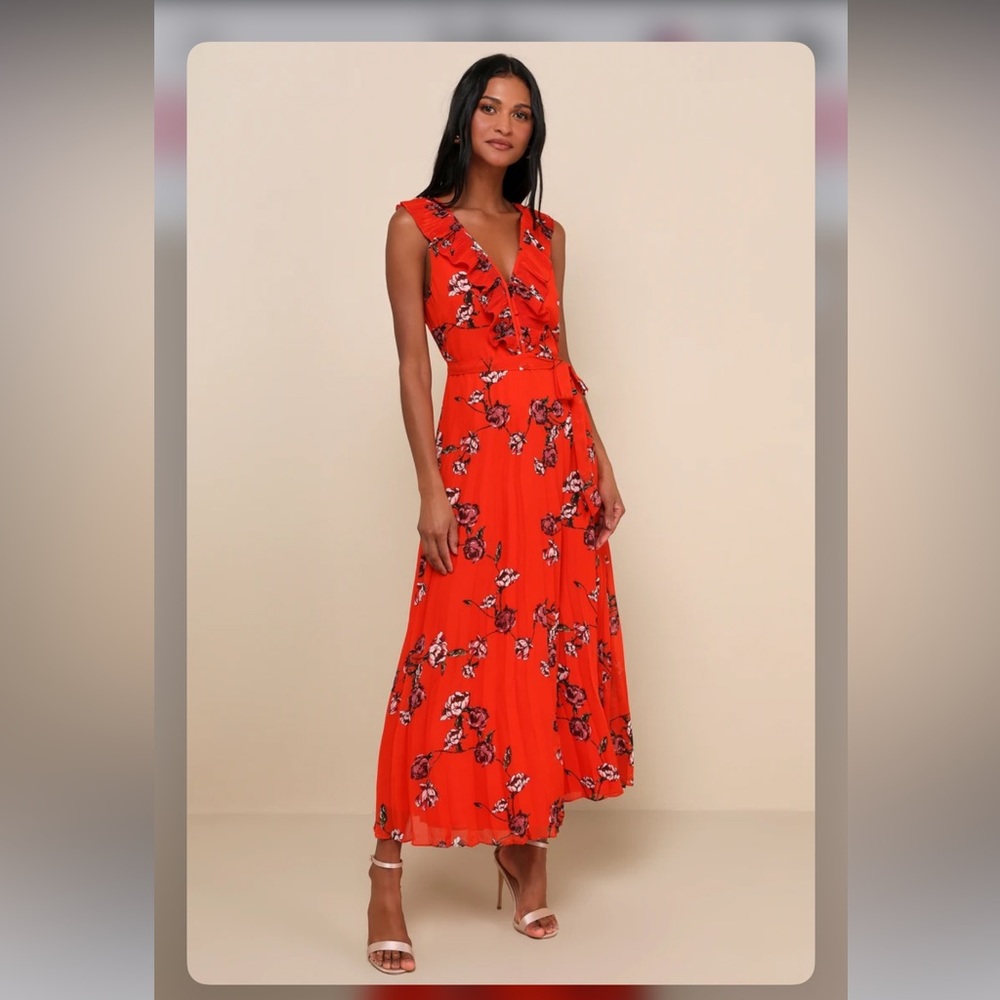 Loved By You Red Orange Floral Print Pleated Chiffon Maxi Dress